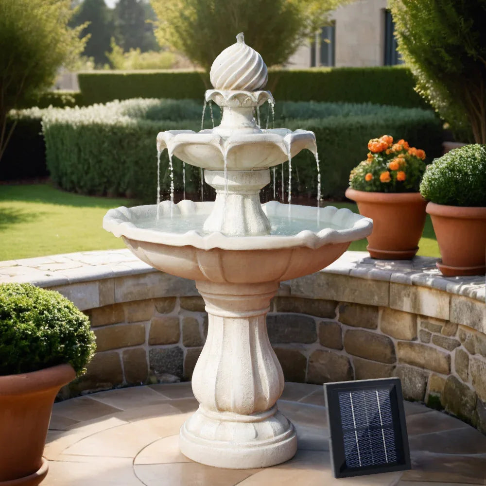 Gardeon Solar Water Feature 3-Tier Fountain with Pump Kit Bird Bath 93CM Ivory - Mekamart Australia