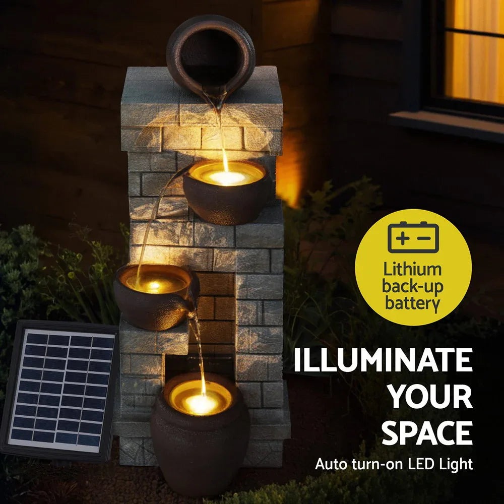 Gardeon Solar Fountain Water Feature Pot Outdoor Indoor 4-Tier Cascading Brown - Mekamart Australia