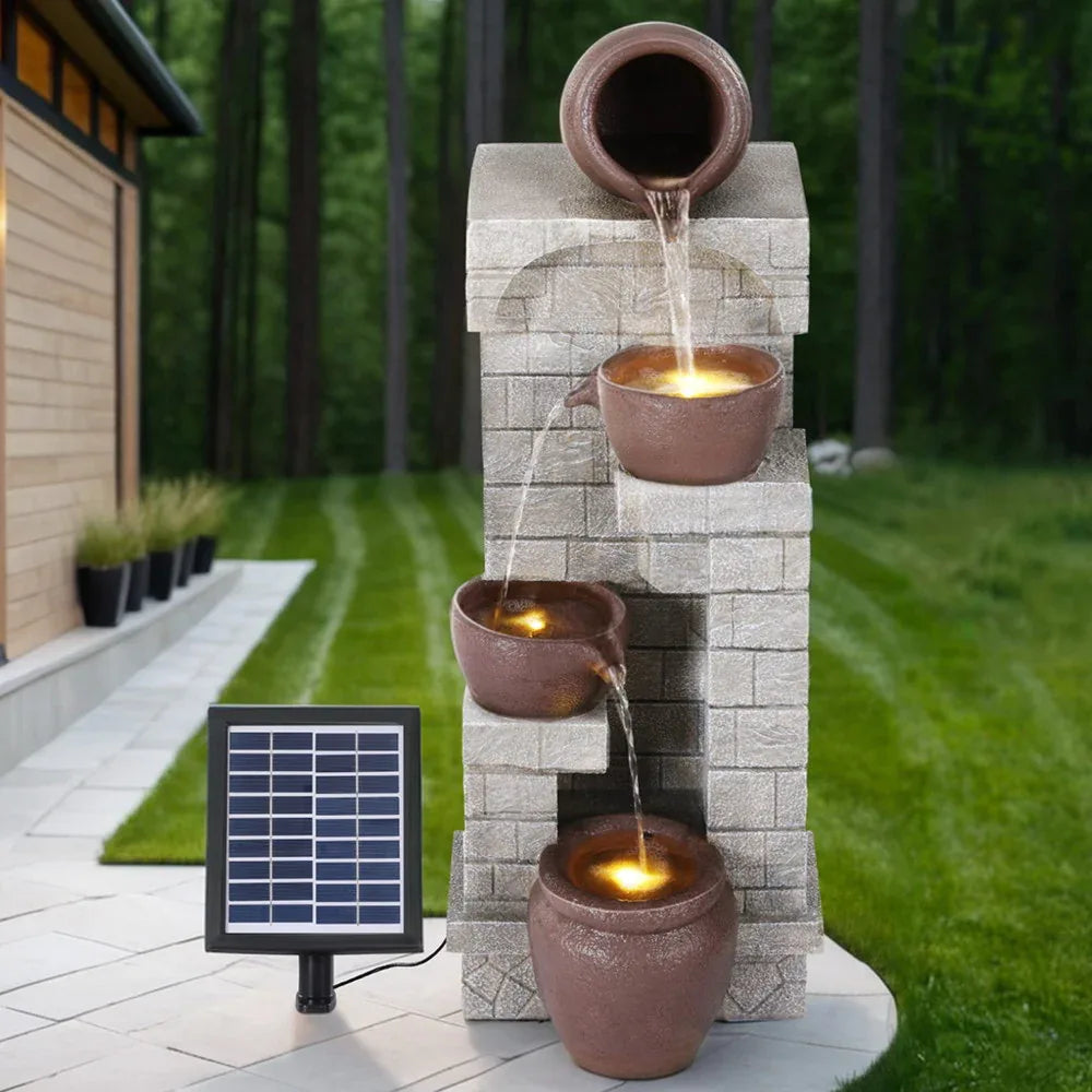 Gardeon Solar Fountain Water Feature Pot Outdoor Indoor 4-Tier Cascading Brown - Mekamart Australia