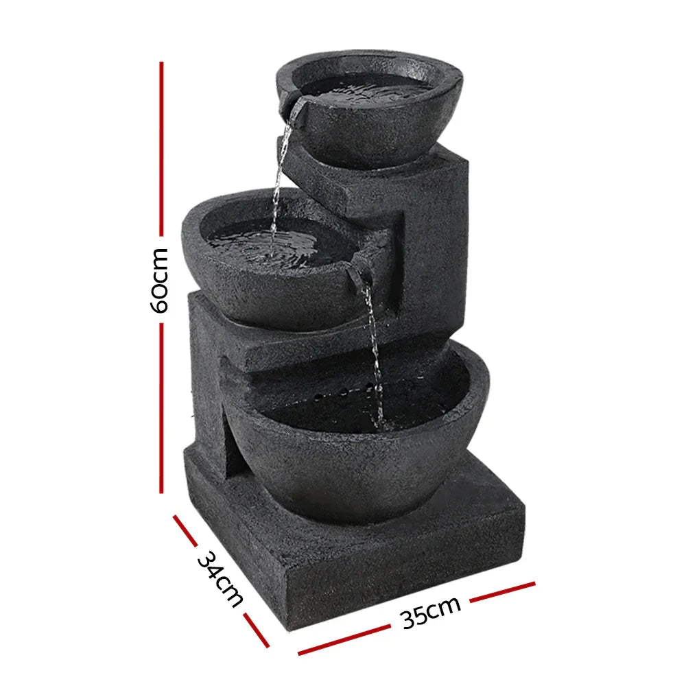 Gardeon Solar Water Feature Cascading Fountain 3-Tier Bowl LED Lights 60CM Blue - Mekamart Australia