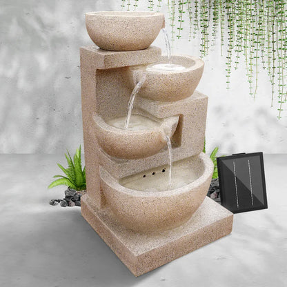 Gardeon Solar Water Feature Cascading Fountain 4-Tier Bowl LED Lights 72CM Sand - Mekamart Australia