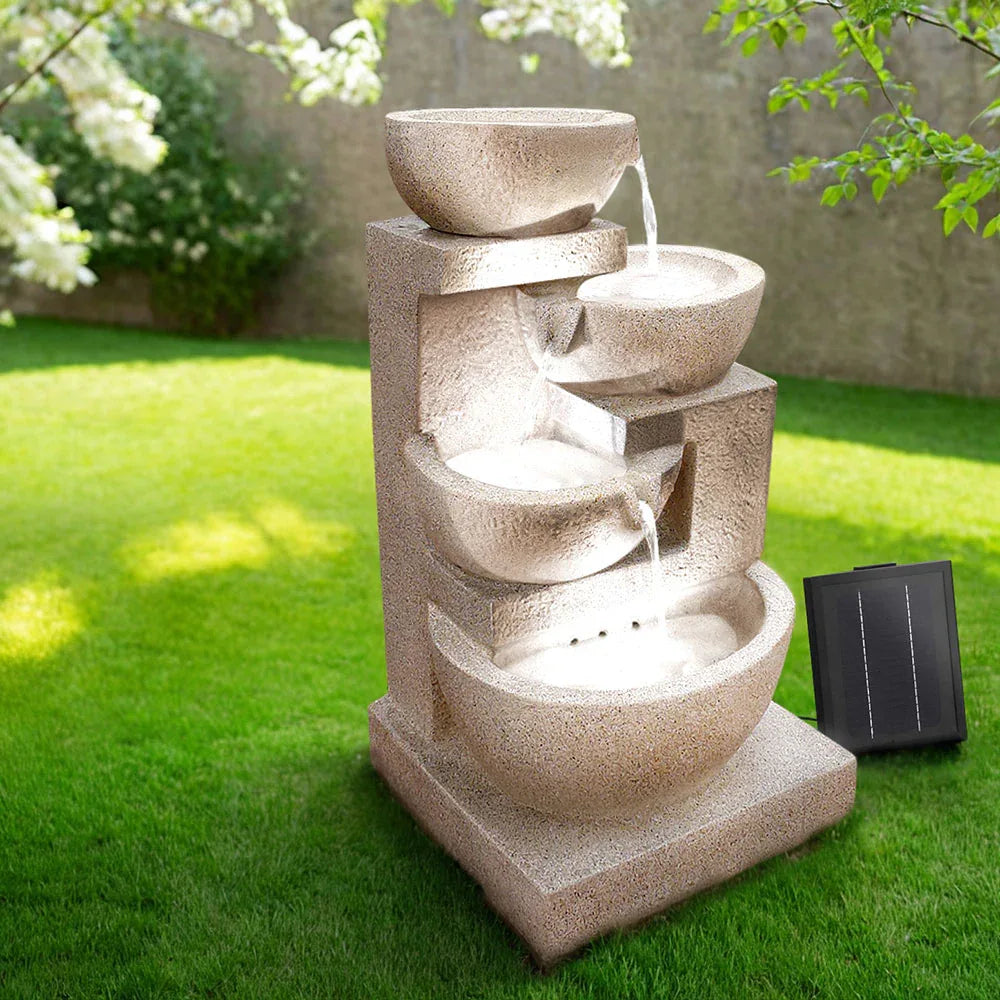 Gardeon Solar Water Feature Cascading Fountain 4-Tier Bowl LED Lights 72CM Sand - Mekamart Australia