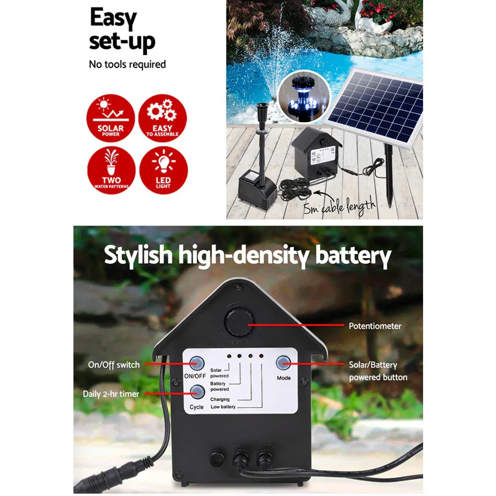 Gardeon Solar Pond Pump Submersible Water Fountain with Battery Kit LED Lights 6.6FT - Mekamart Australia