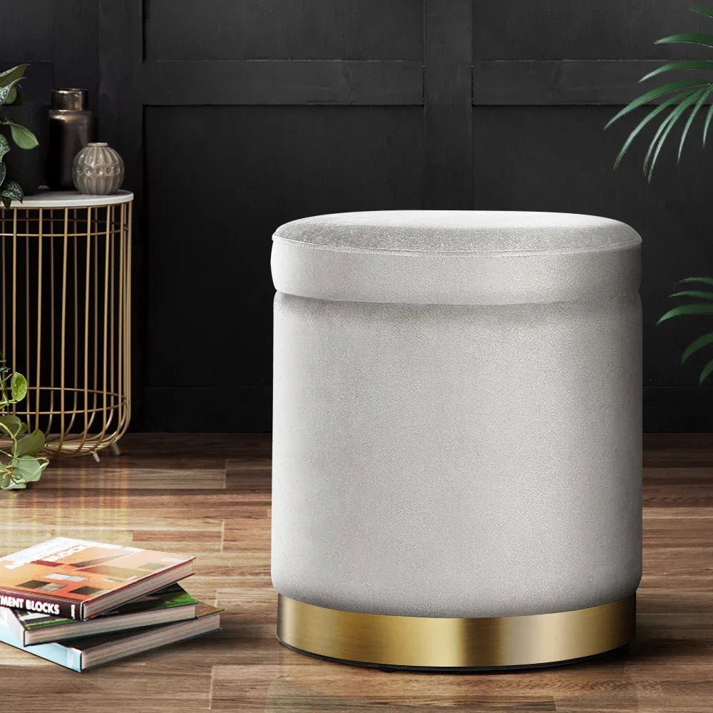 Artiss Ottoman Storage Foot Stool Round Velvet Grey - Mekamart Australia
