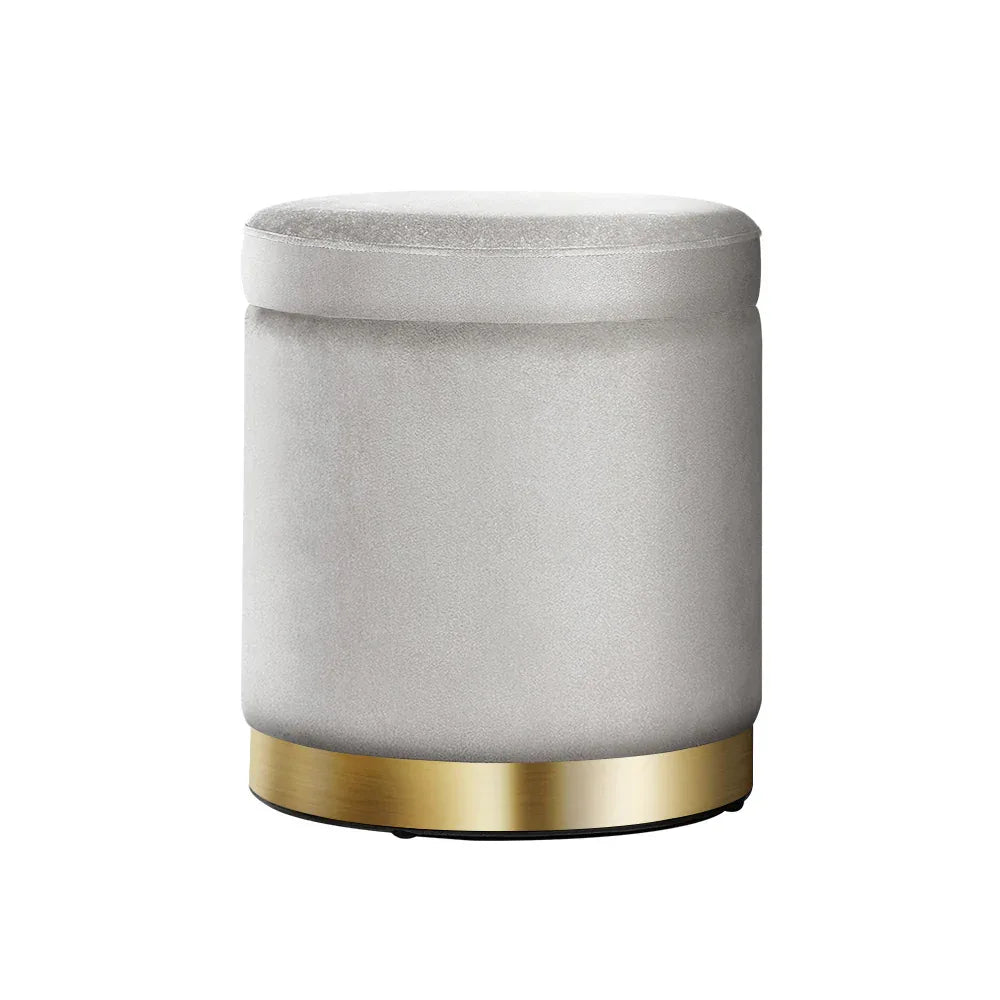 Artiss Ottoman Storage Foot Stool Round Velvet Grey - Mekamart Australia
