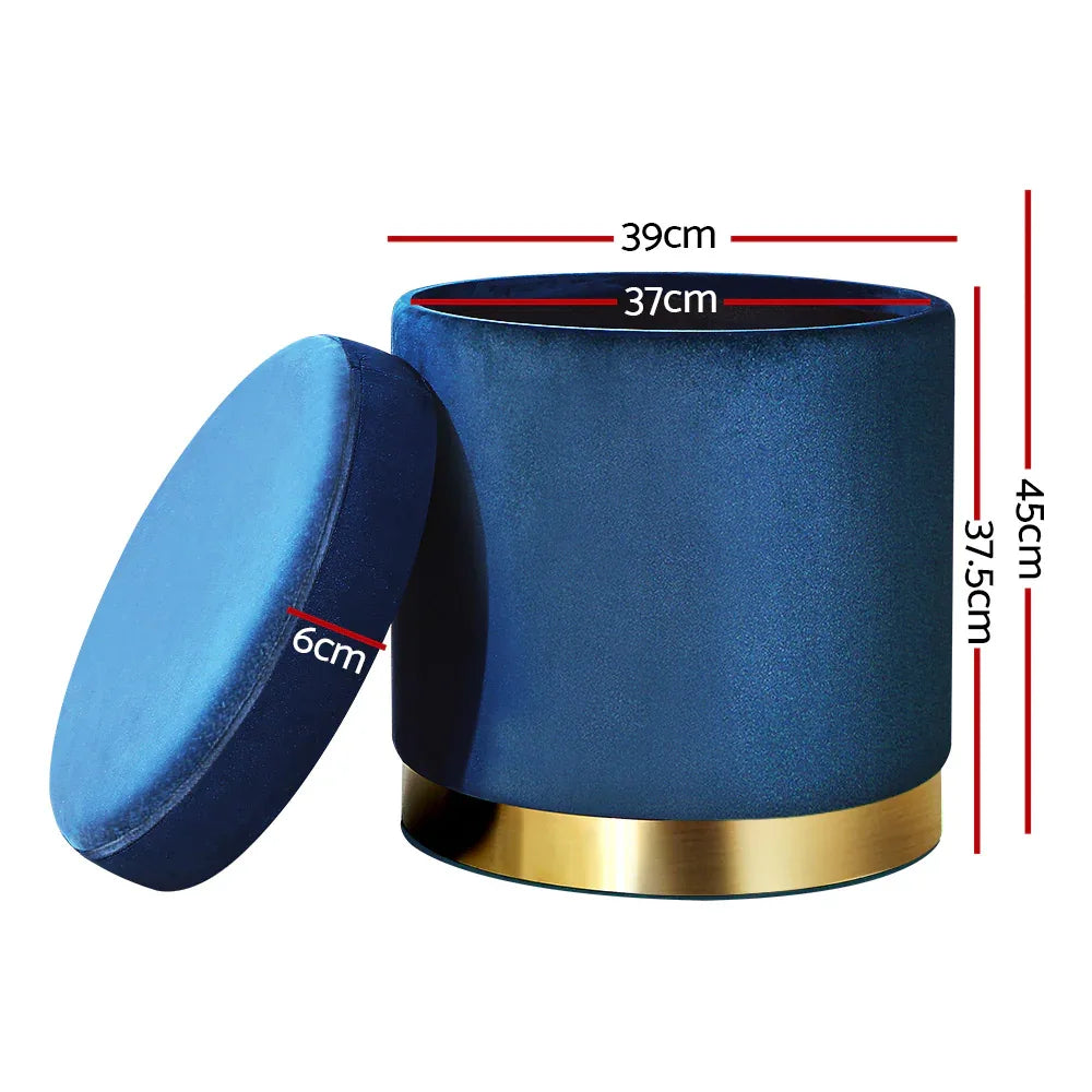 Artiss Ottoman Storage Foot Stool Round Velvet Navy - Mekamart Australia