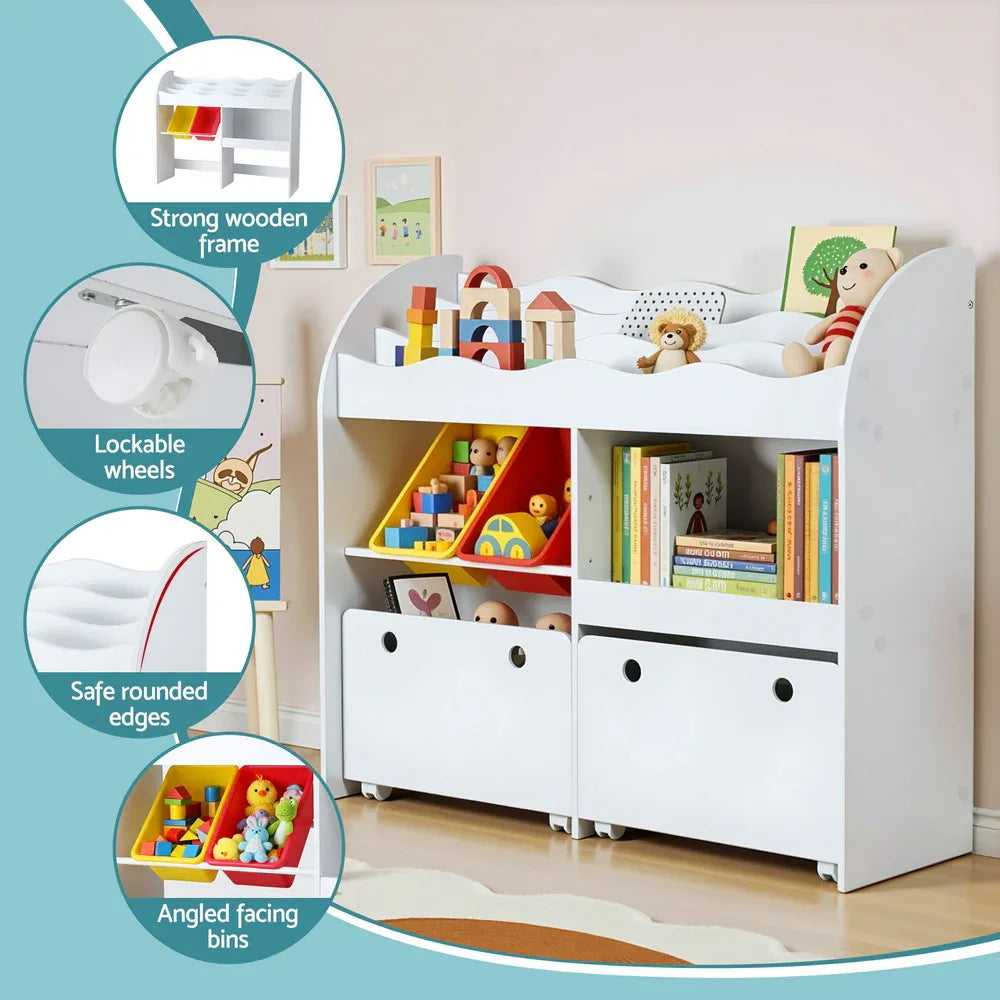 Keezi 3 Tiers Kids Bookshelf Storage Children Bookcase Toy Box Organiser Display White - Mekamart Australia