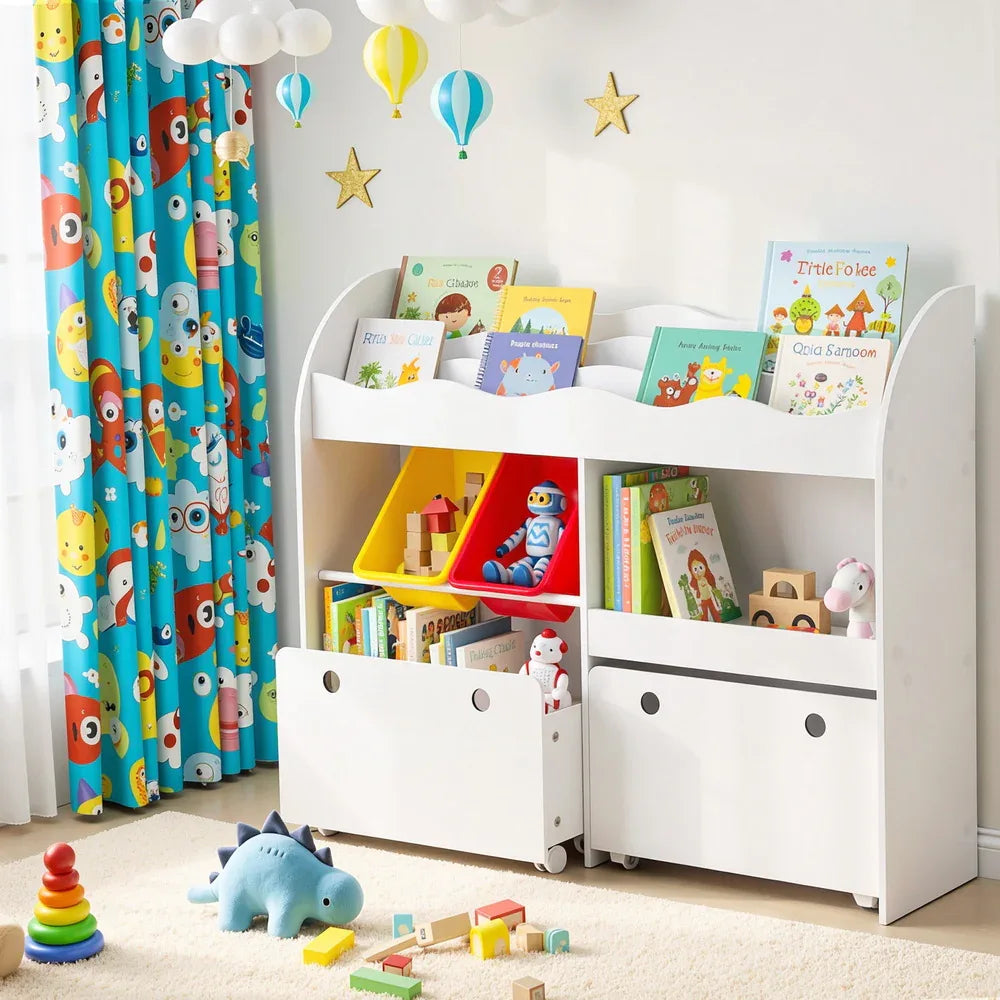 Keezi 3 Tiers Kids Bookshelf Storage Children Bookcase Toy Box Organiser Display White - Mekamart Australia