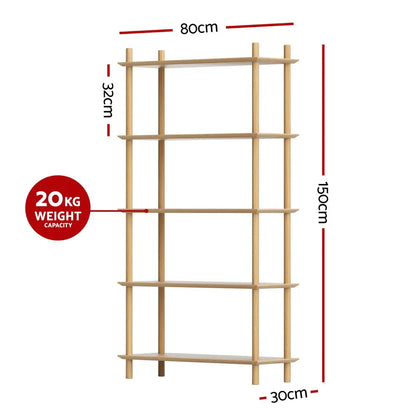 Artiss Bookshelf 5 Tiers Bookcase Display Shelves Wooden Storage Stand Rack Pine - Mekamart Australia