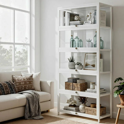 Artiss 5-Tier Display Cabinet Storage Bookshelf Clear Shelf White - Mekamart Australia