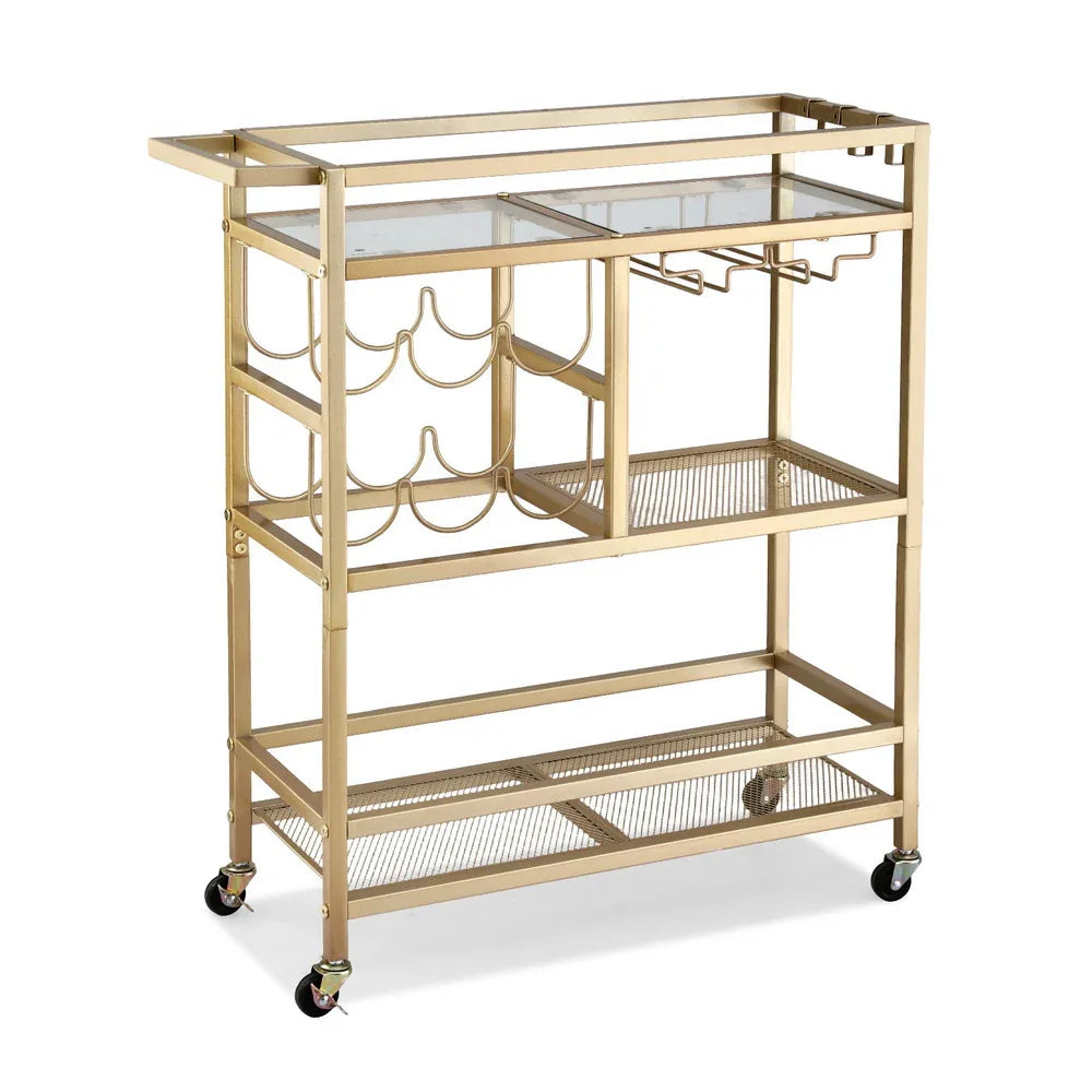 Artiss Bar Cart Drinks Trolley Serving Wine Rack Glass Holder 3 Hooks 72cm Gold - Mekamart Australia