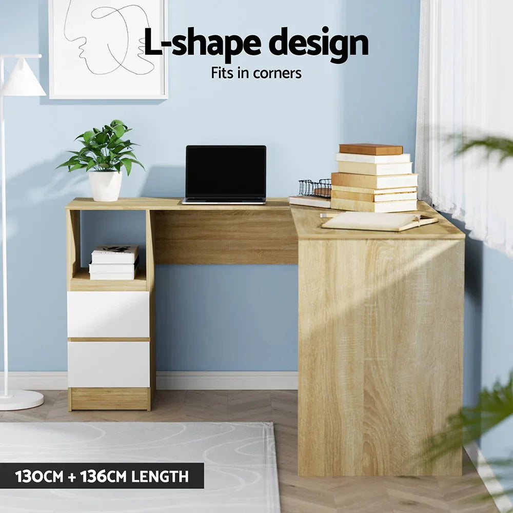Artiss Computer Desk Drawer Cabinet L-Shape Oak 136CM - Mekamart Australia