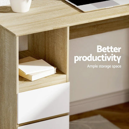 Artiss Computer Desk Drawer Cabinet L-Shape Oak 136CM - Mekamart Australia