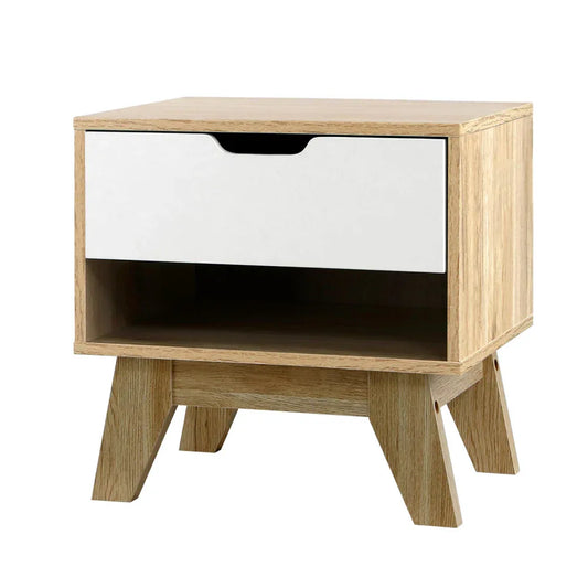 Artiss Bedside Table 1 Drawer with Shelf - IKER White & Oak - Mekamart Australia