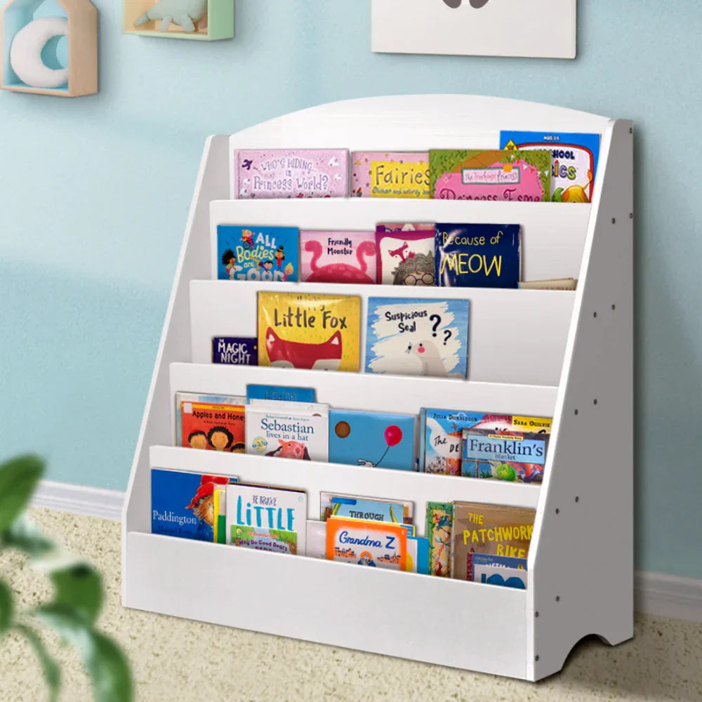 Keezi 5 Tiers Kids Bookshelf Magazine Shelf Organiser Bookcase Display Rack White - Mekamart Australia