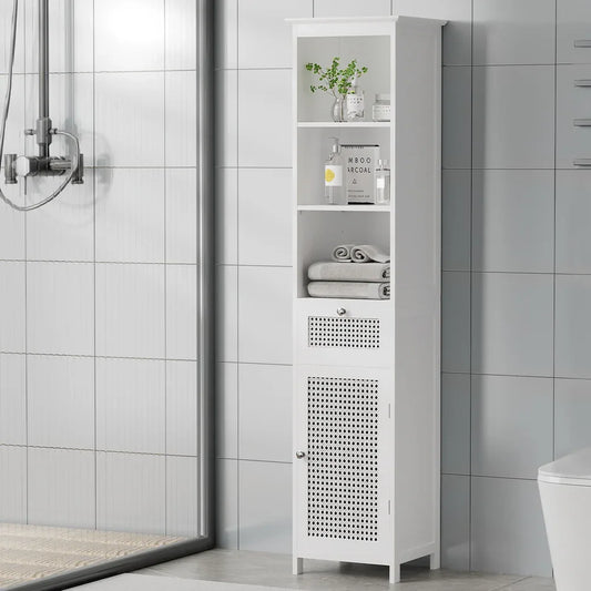 Artiss Bathroom Cabinet Storage 161cm White Rattan Tallboy Toilet Cupboard - Mekamart Australia