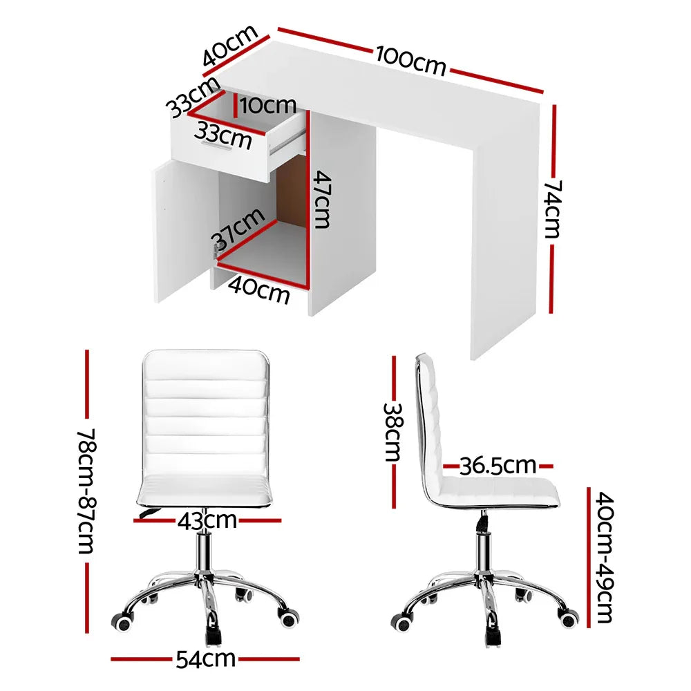 Artiss Computer Desk Office Chair Set PU Leather Home Study Table 100cm White - Mekamart Australia