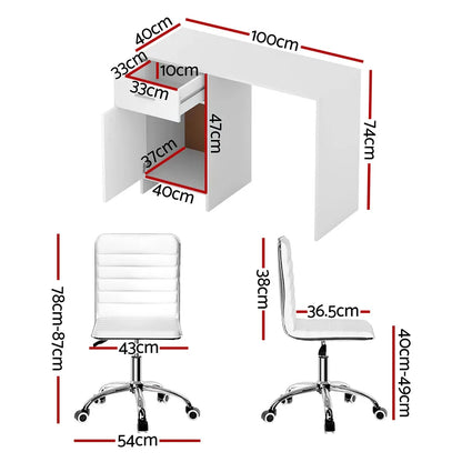 Artiss Computer Desk Office Chair Set PU Leather Home Study Table 100cm White - Mekamart Australia
