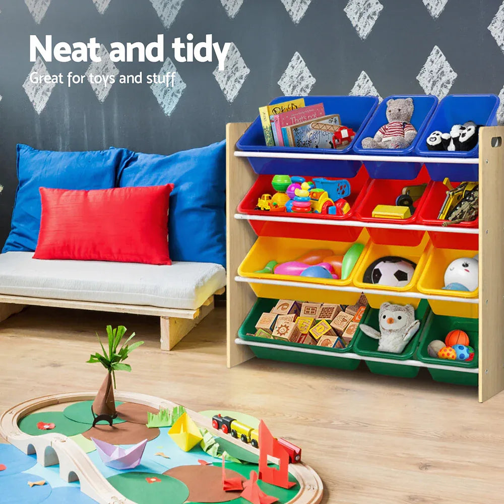 Keezi Kids Toy Box 12 Bins Bookshelf Organiser Children Storage Rack - Mekamart Australia