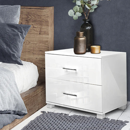 Artiss Bedside Table 2 Drawers High Gloss - White - Mekamart Australia