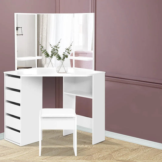 Artiss Dressing Table Stool Set Corner 5 Drawers White - Mekamart Australia