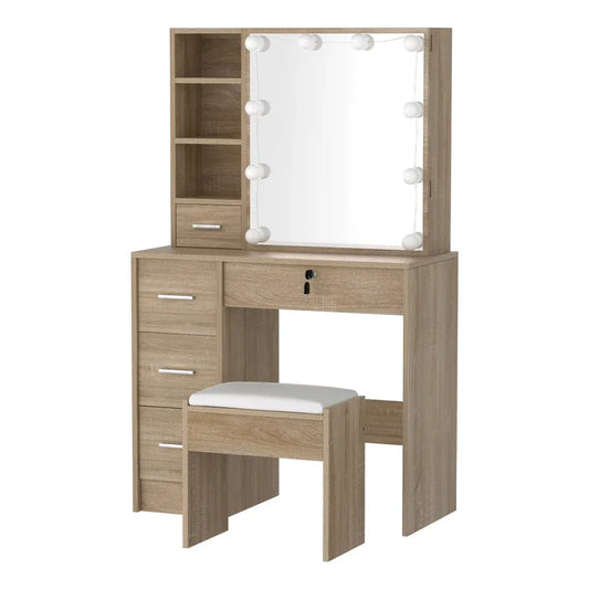 Artiss Dressing Table Set Stool 10 Led Bulbs Wood - Mekamart Australia