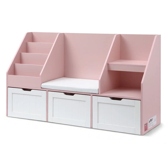 Keezi Kids Bookshelf Storage Organiser Toy Box Drawer Bench Seat Cabinet Pink - Mekamart Australia