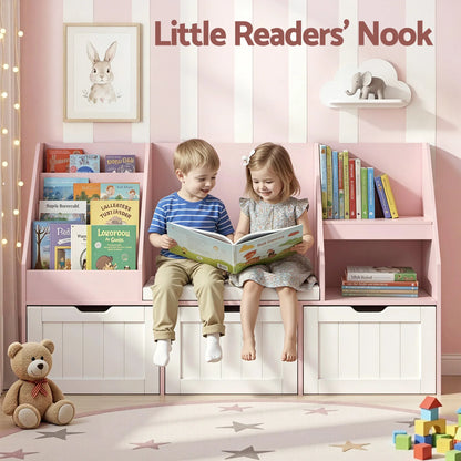 Keezi Kids Bookshelf Storage Organiser Toy Box Drawer Bench Seat Cabinet Pink - Mekamart Australia