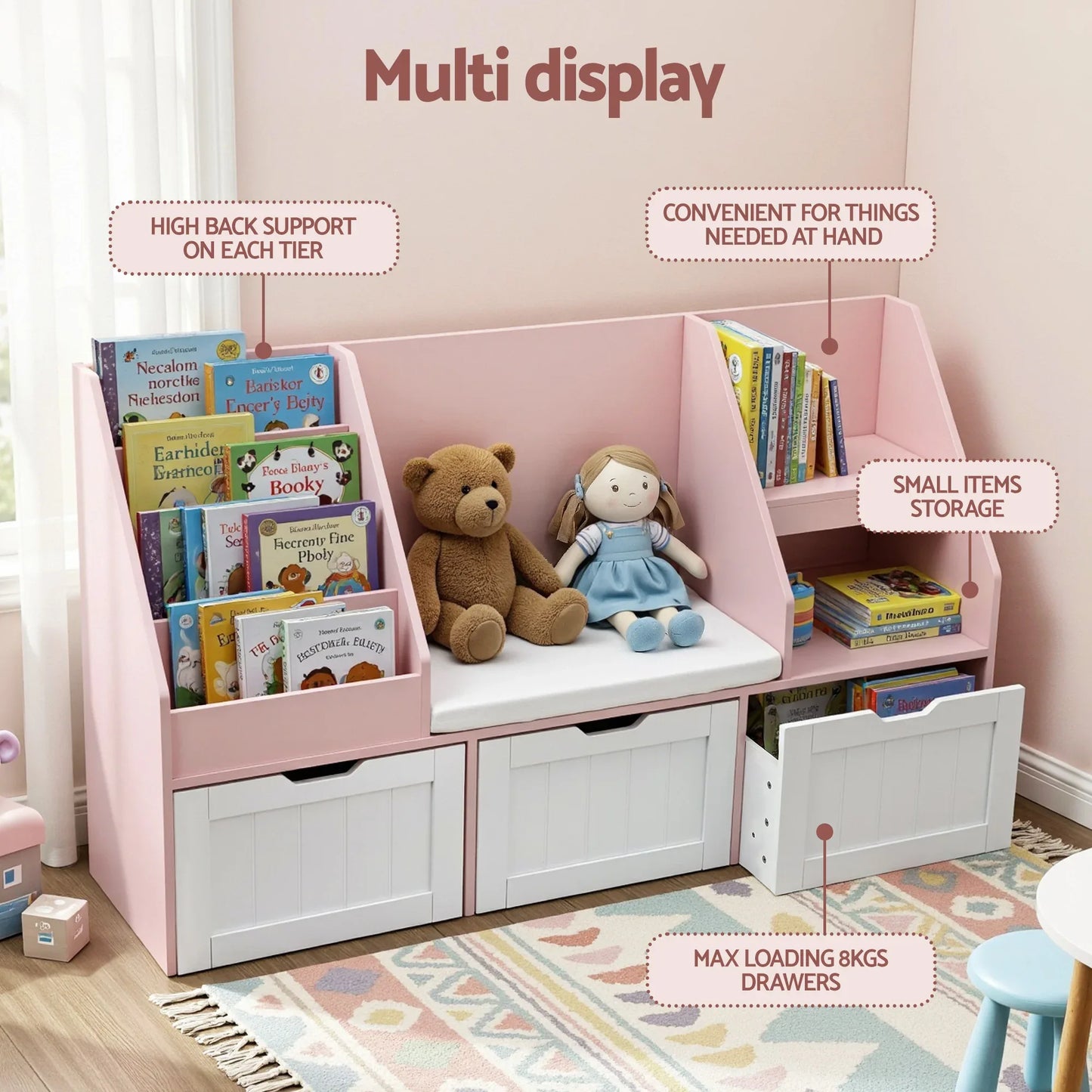 Keezi Kids Bookshelf Storage Organiser Toy Box Drawer Bench Seat Cabinet Pink - Mekamart Australia