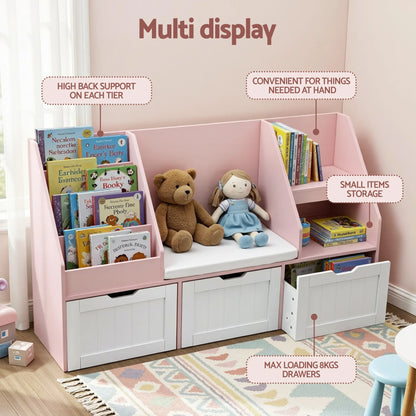 Keezi Kids Bookshelf Storage Organiser Toy Box Drawer Bench Seat Cabinet Pink - Mekamart Australia
