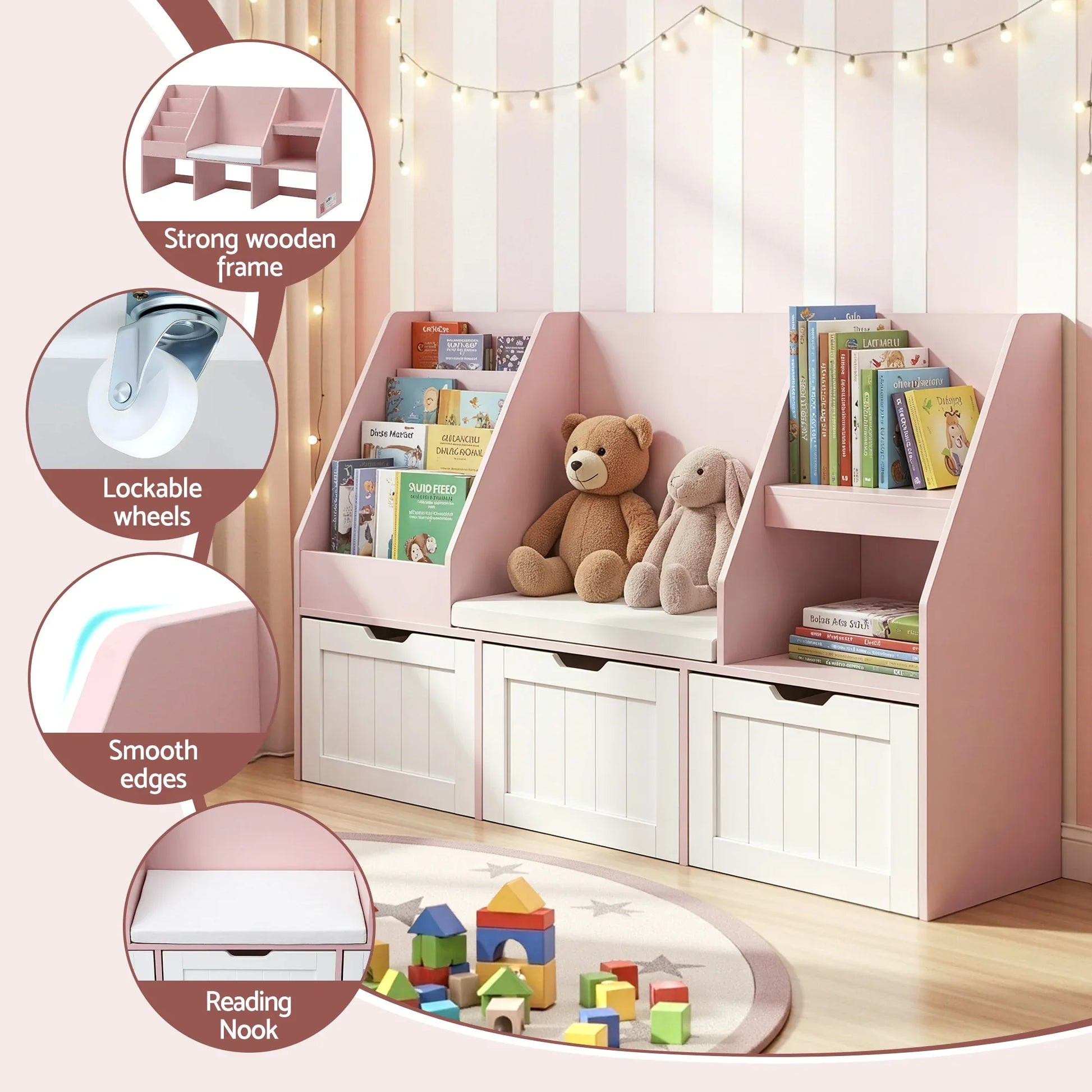 Keezi Kids Bookshelf Storage Organiser Toy Box Drawer Bench Seat Cabinet Pink - Mekamart Australia