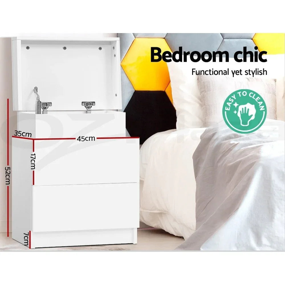 Artiss 2X Bedside Table 2 Drawers Lift-up Storage White - Mekamart Australia