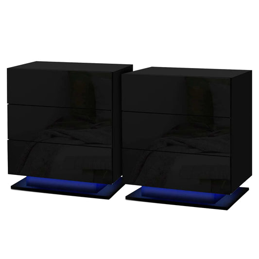 Artiss 2x Bedside Table LED 3 Drawers - MORI Black - Mekamart Australia