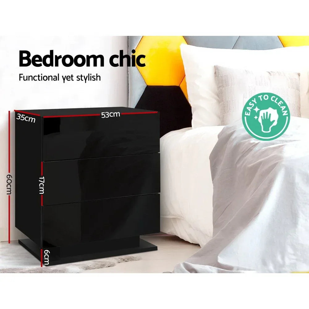 Artiss 2x Bedside Table LED 3 Drawers - MORI Black - Mekamart Australia