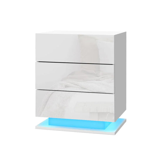 Artiss Bedside Table LED 3 Drawers - MORI White - Mekamart Australia