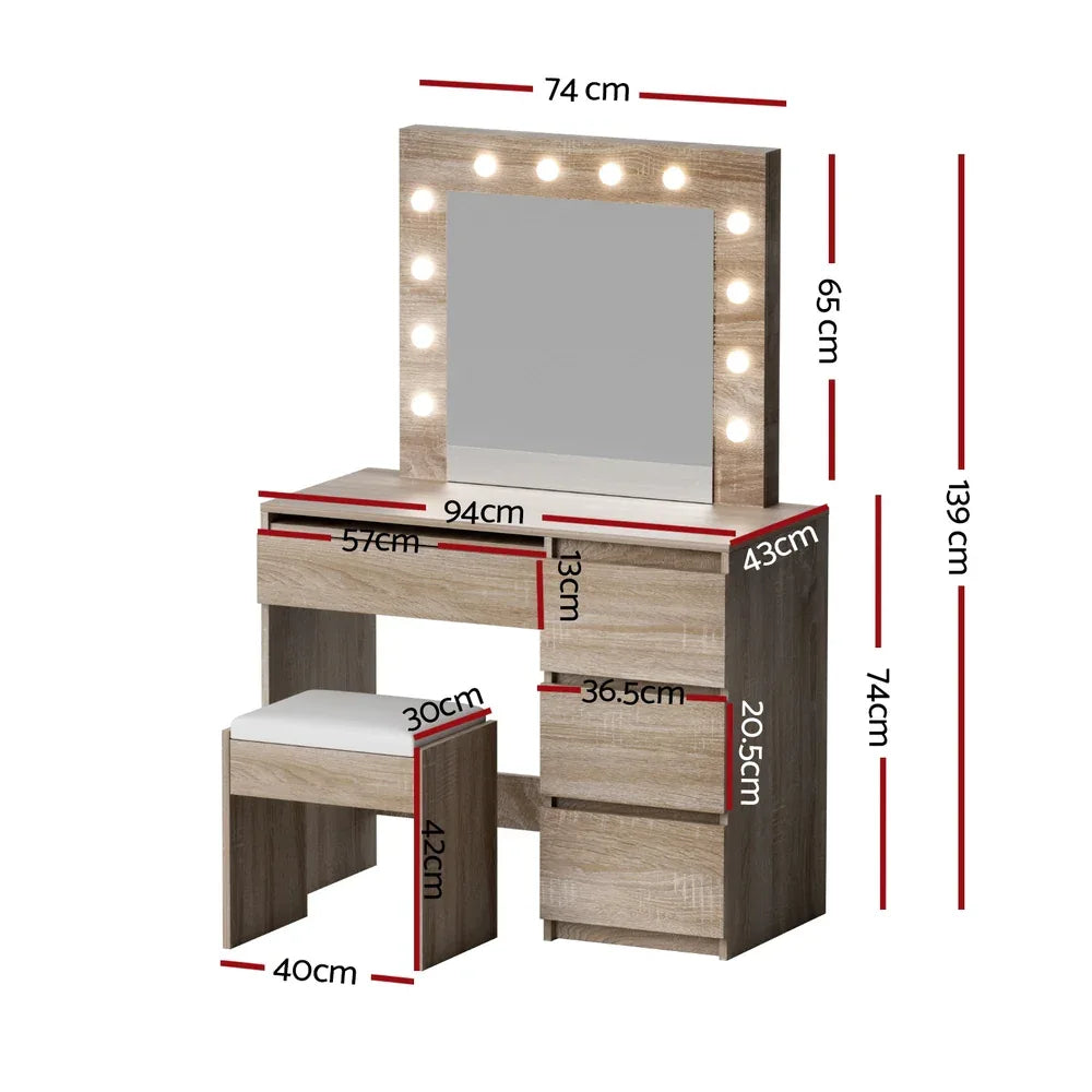Artiss Dressing Table Set Stool 12 Led Bulbs Wood - Mekamart Australia