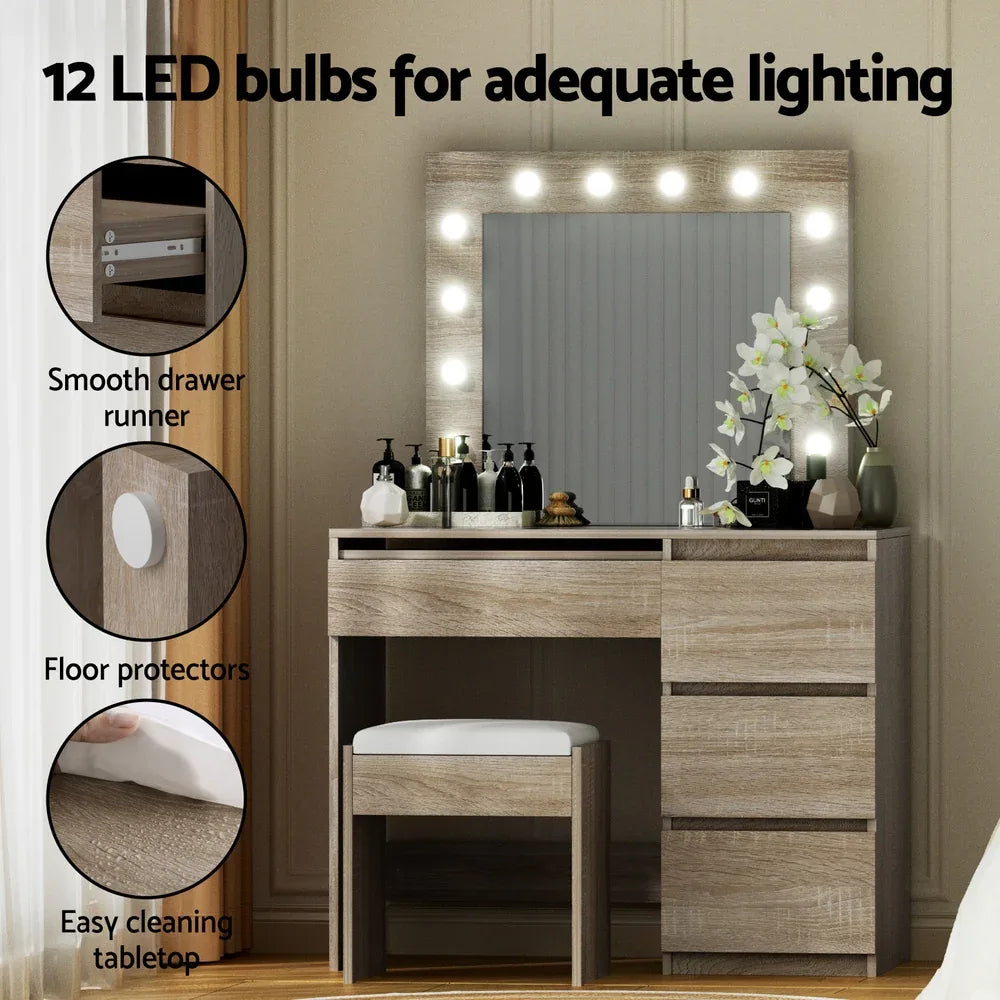 Artiss Dressing Table Set Stool 12 Led Bulbs Wood - Mekamart Australia