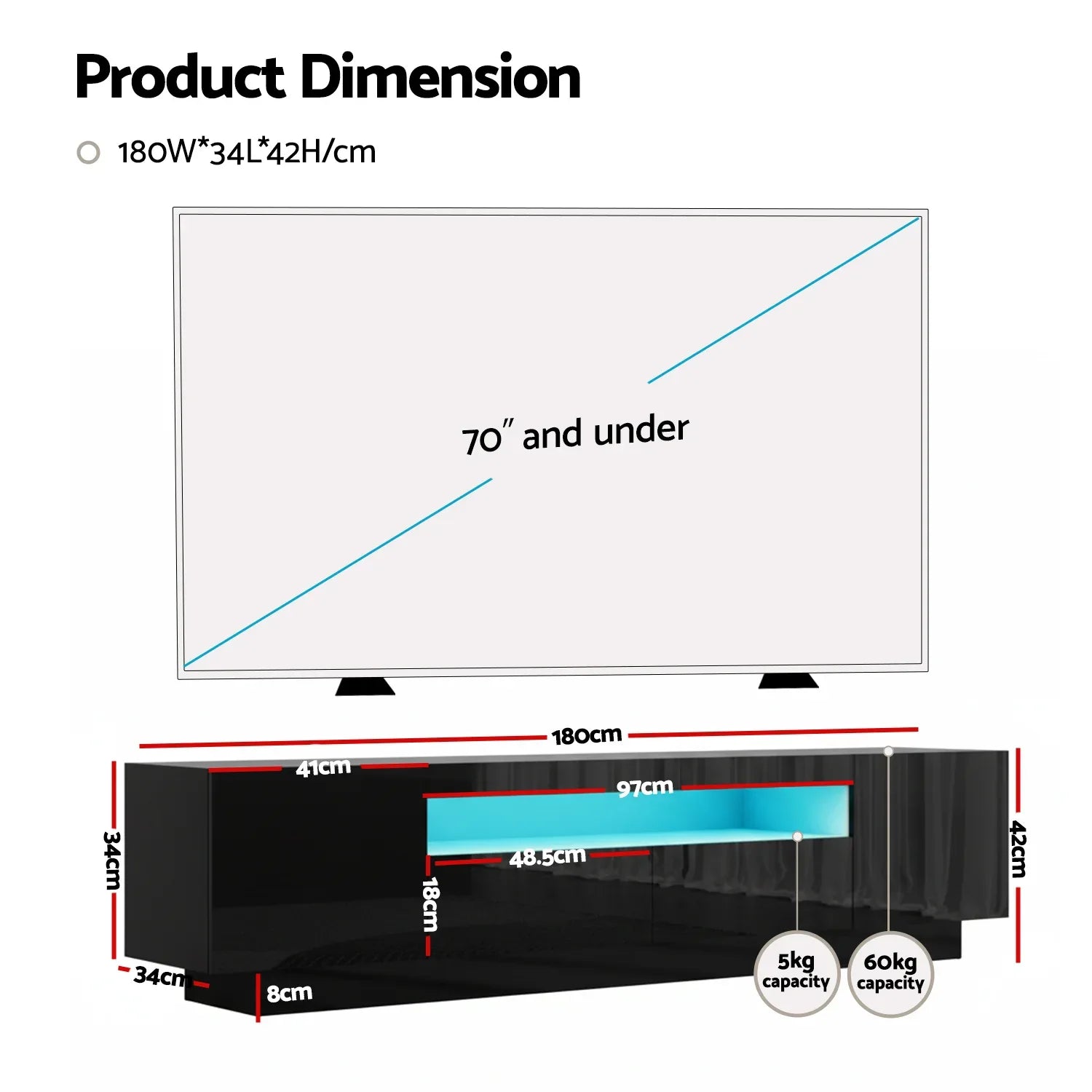 Artiss TV Unit Entertainment Unit Storage Drawer RGB LED 180cm Black - Mekamart Australia