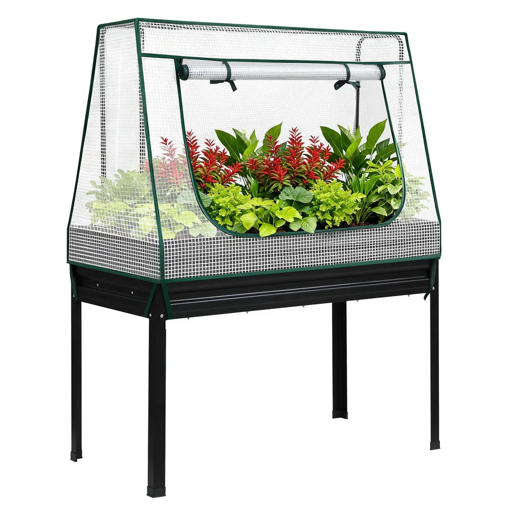Green Fingers Elevated Metal Garden Bed Kit w Mini Greenhouse Cover 116x60cm Stand-Up Height Trellis - Mekamart Australia