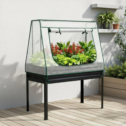 Green Fingers Elevated Metal Garden Bed Kit w Mini Greenhouse Cover 116x60cm Stand-Up Height Trellis - Mekamart Australia