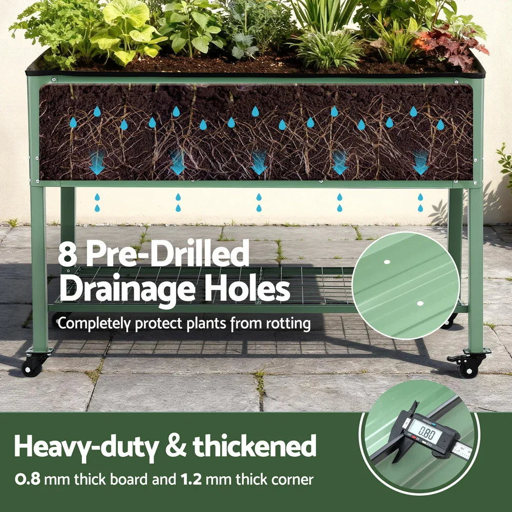 Green Fingers Elevated Raised Garden Bed Kit Mobile w/ Locking Wheels & Storage Shelf 100KG Max Load 115x60x81cm | Galvanized Steel, Portable Green Organizer for Seniors, Patio, Balcony, Vegetables - Mekamart Australia
