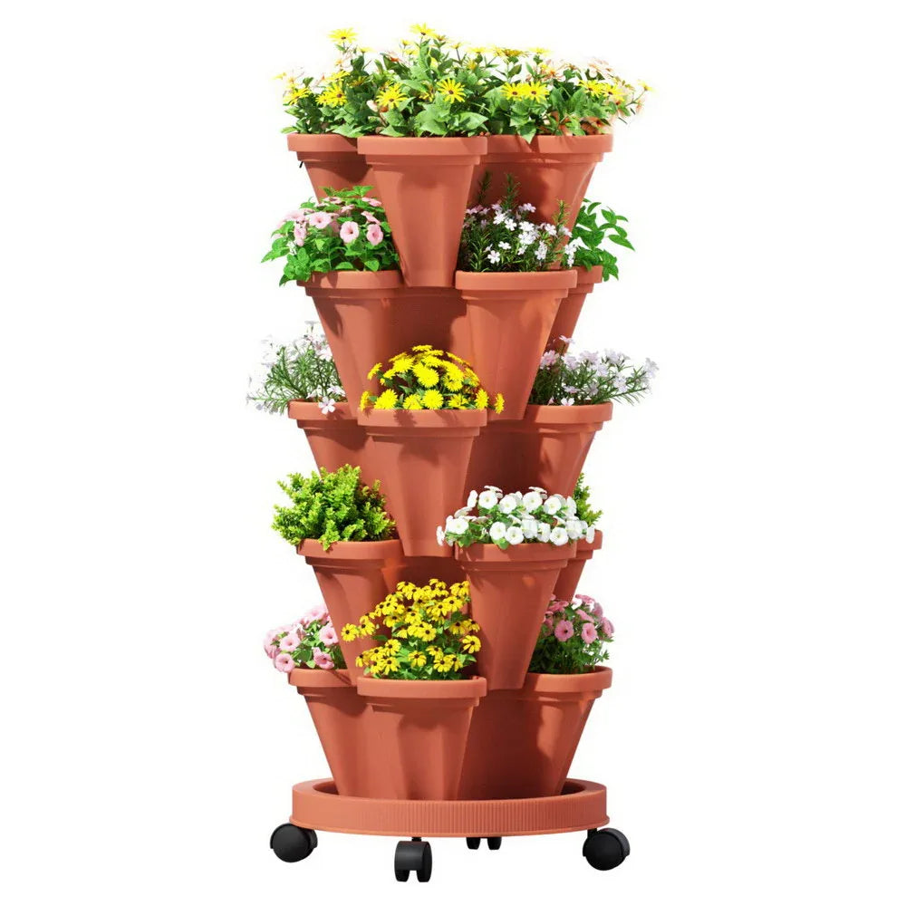 Green Fingers Raised Garden Bed 5 Tier Vertical Garden Brick Red Strawberry Stackable Planters Herbs Petunias - Mekamart Australia