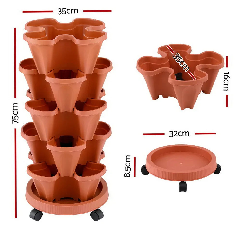 Green Fingers Raised Garden Bed 5 Tier Vertical Garden Brick Red Strawberry Stackable Planters Herbs Petunias - Mekamart Australia