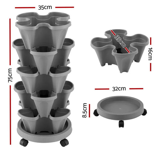 Green Fingers Raised Garden Bed 5 Tier Vertical Garden Grey Strawberry Stackable Planters Herbs Petunias - Mekamart Australia