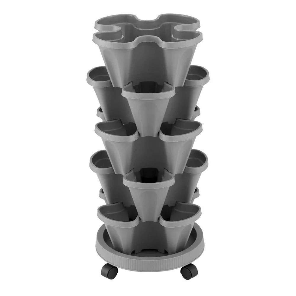 Green Fingers Raised Garden Bed 5 Tier Vertical Garden Grey Strawberry Stackable Planters Herbs Petunias - Mekamart Australia