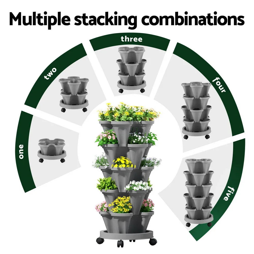 Green Fingers Raised Garden Bed 5 Tier Vertical Garden Grey Strawberry Stackable Planters Herbs Petunias - Mekamart Australia