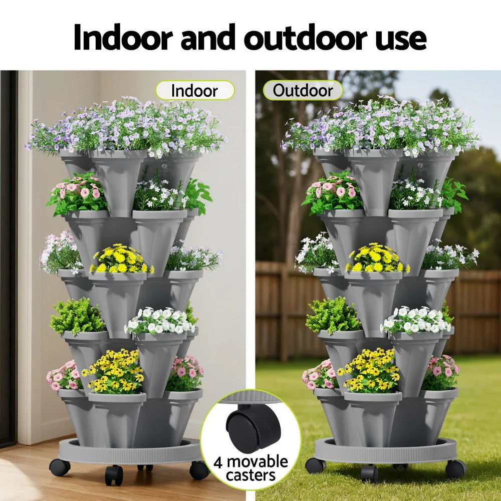 Green Fingers Raised Garden Bed 5 Tier Vertical Garden Grey Strawberry Stackable Planters Herbs Petunias - Mekamart Australia