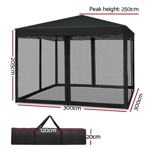 Instahut Gazebo Pop Up Marquee 3x3m Wedding Party Outdoor Camping Tent Canopy Shade Mesh Wall Black - Mekamart Australia