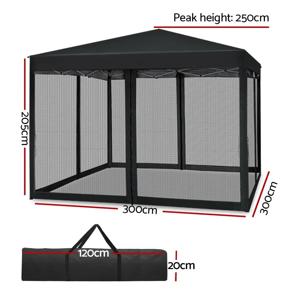 Instahut Gazebo Pop Up Marquee 3x3m Wedding Party Outdoor Camping Tent Canopy Shade Mesh Wall Black - Mekamart Australia