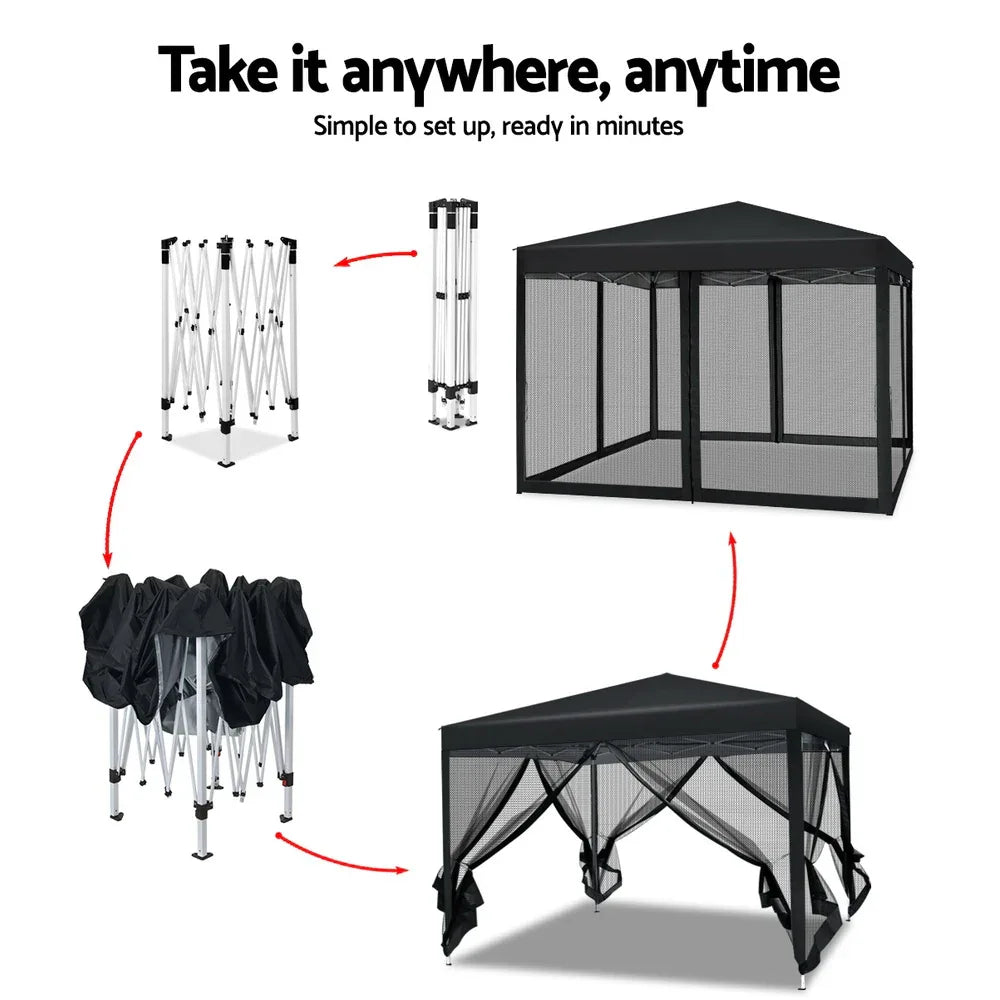 Instahut Gazebo Pop Up Marquee 3x3m Wedding Party Outdoor Camping Tent Canopy Shade Mesh Wall Black - Mekamart Australia